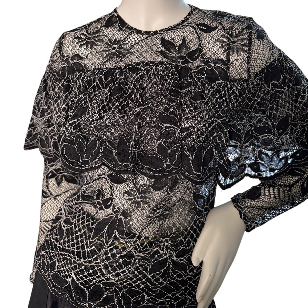 Zara Romantic Black Lace Overlay Blouse Sheer Floral Statement Top Size Small